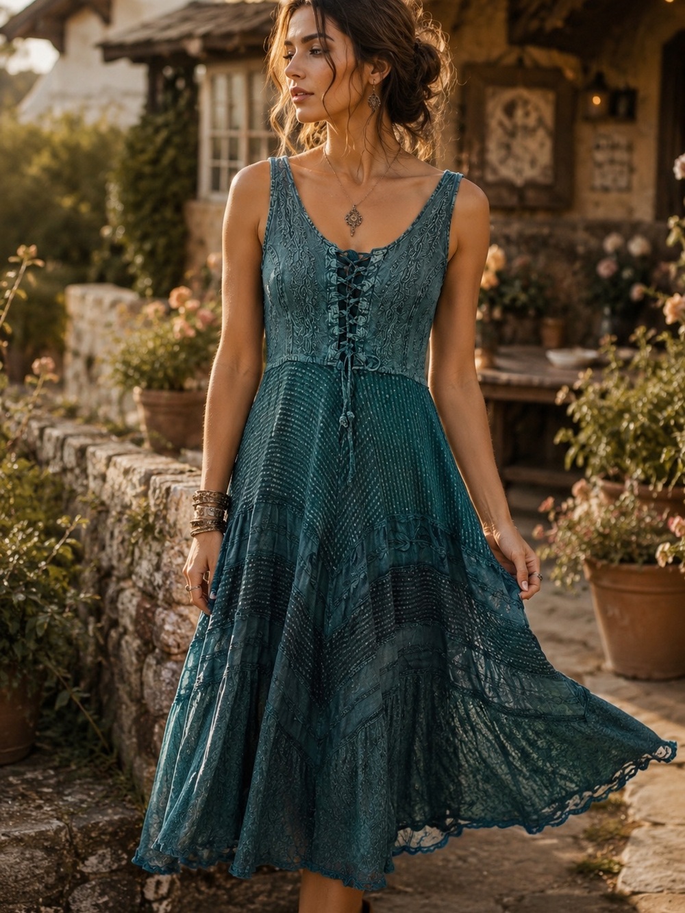 Papa Vancouver Teal Lace-Up Sleeveless Sundress Boho Midi Festival Cottagecore